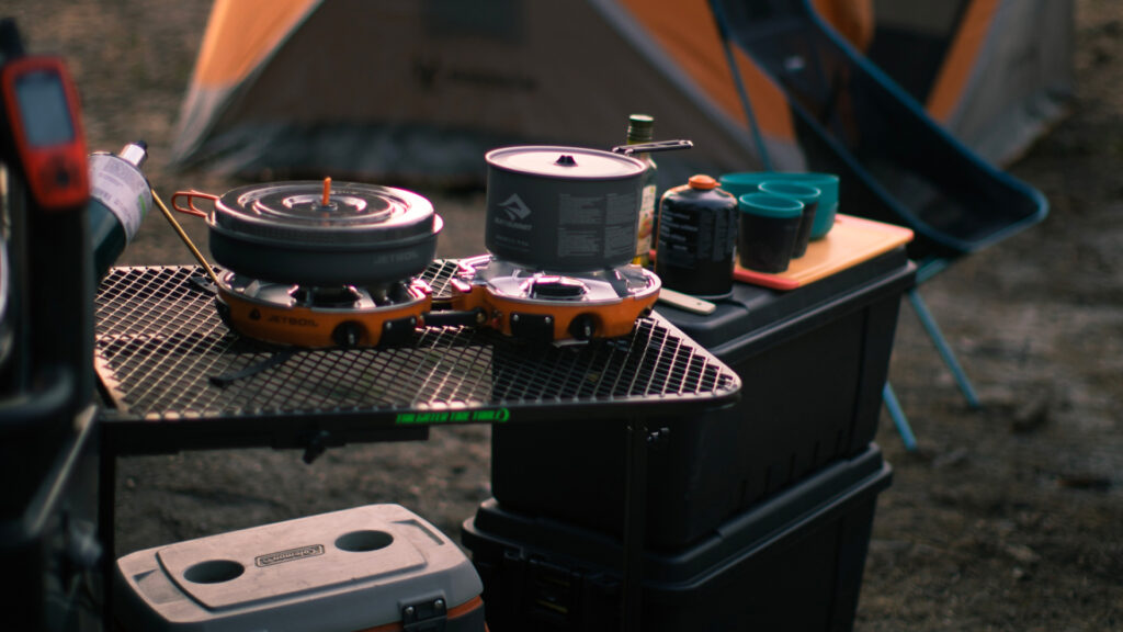 Camp Kitchen set up with a stove and pots